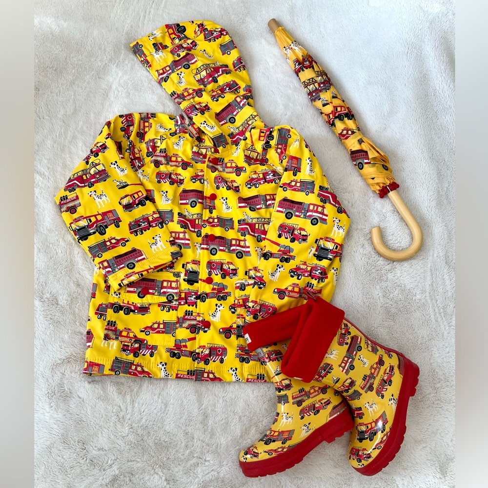 Hatley Firetruck Rain Coat, Rain Boots, Boot Liners, + Umbrella